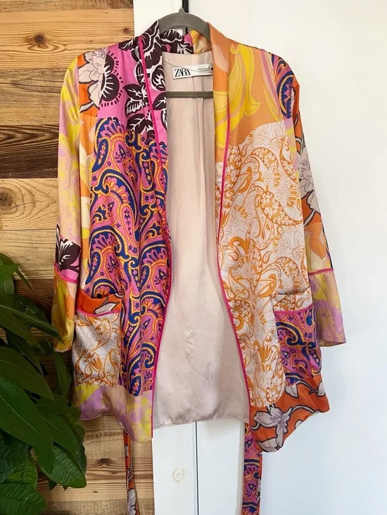 Zara Belted Multicolor Printed Kimono Jacket XS Oversized - Picture 7 of 8